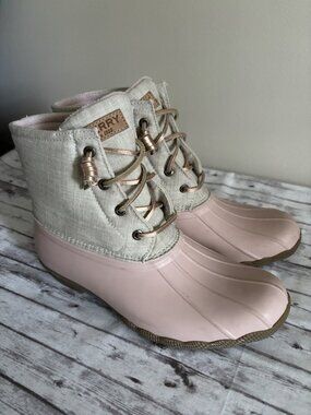 Sperry Saltwater Duck Boot Beige Linen Light Pink Womens Size 9
